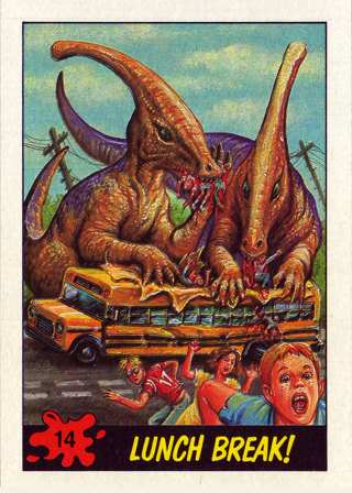 Illustration for article titled These terrifying Dinosaurs Attack! trading cards from the 1980s traumatized an entire generation
